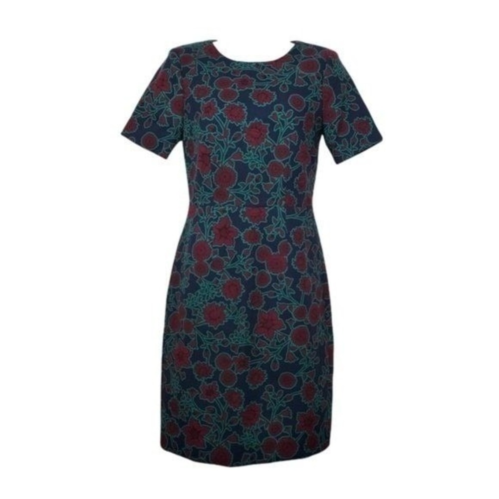 J.Crew Factory Short Sleeve Blue Burgundy Floral Print Sheath Dress Size 00